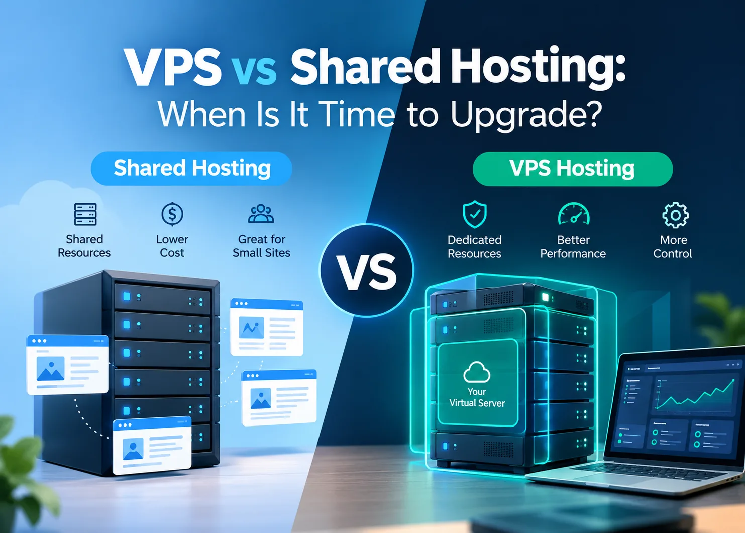 VPS vs shared hosting comparison showing shared server resources, lower costs, and basic website hosting alongside VPS benefits such as dedicated resources, improved performance, stronger isolation, greater control, and scalability for growing websites.